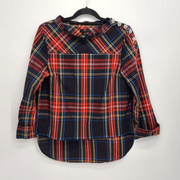 J.Crew Plaid Funnelneck Shirt in Stewart tartan with Jeweled Buttons Women's 4 - Picture 2 of 12